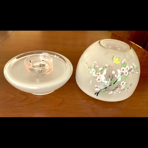 Milky White Sanded Art Glass Vase & Candle Bowl Set Handpainted Cherry Blossom - Picture 7 of 9